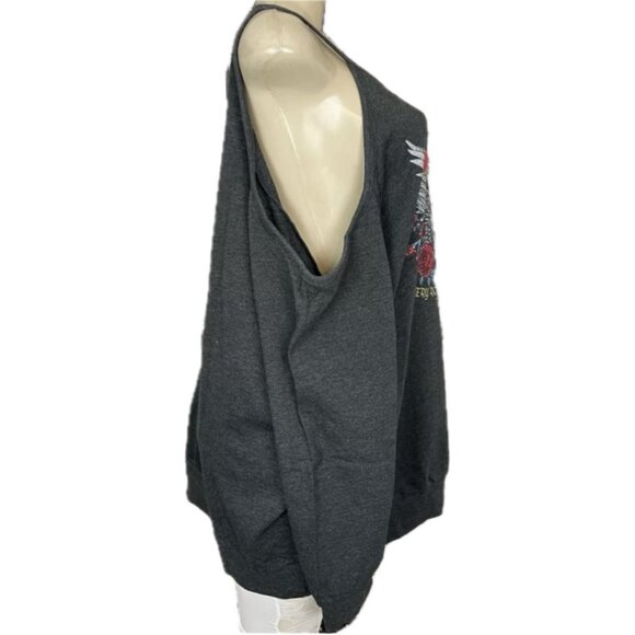 Vinyl Icons +5 Gray Fleece Knit Poison Band Skull-Rose Cold Shoulder Sweatshirt - Picture 3 of 8